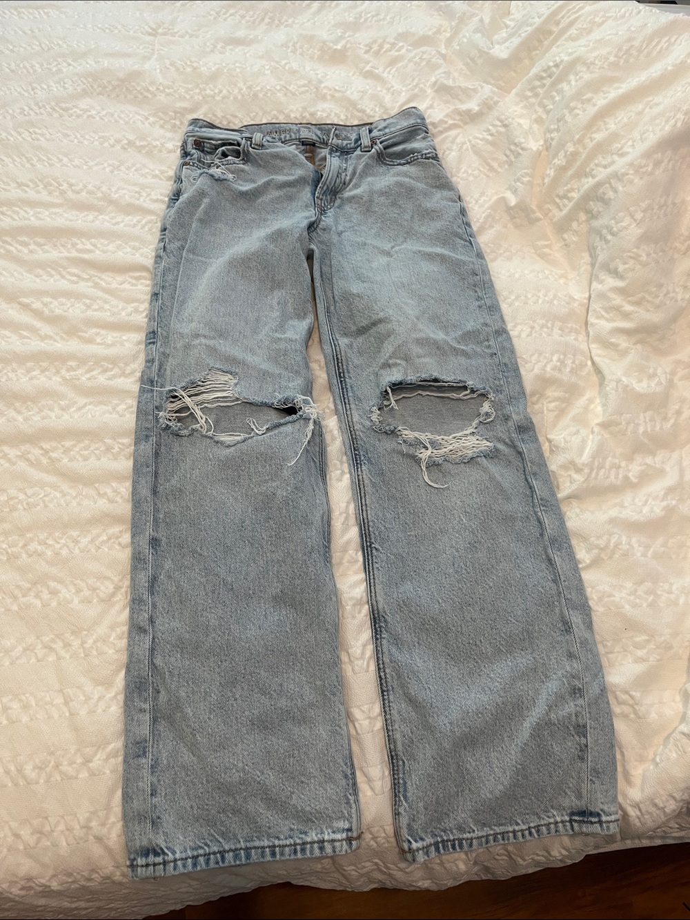 American Eagle Outfitters Light Blue Distressed Wide-Leg Jeans